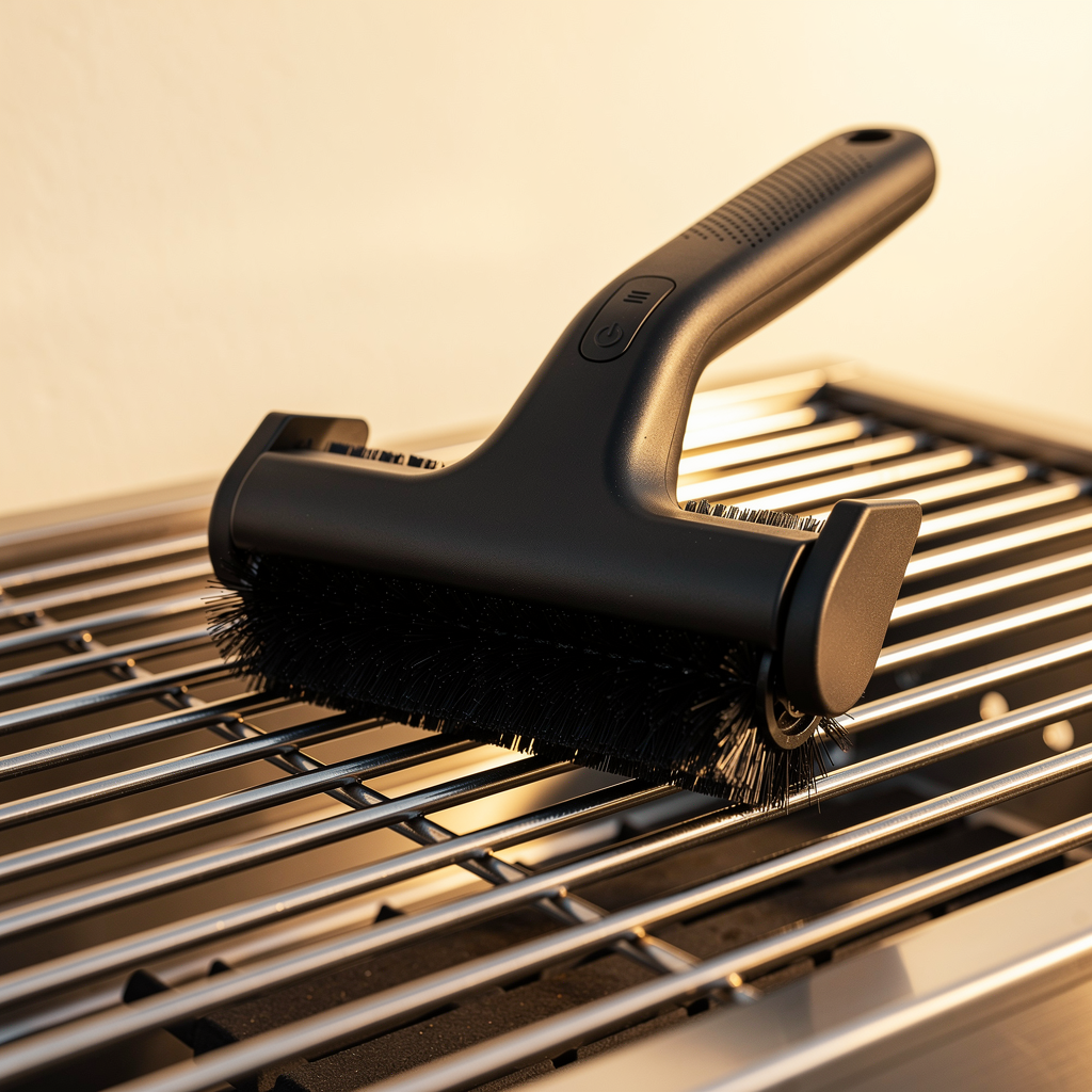 Brevyk Ember Pro all-black cordless grill brush on a grill grate
