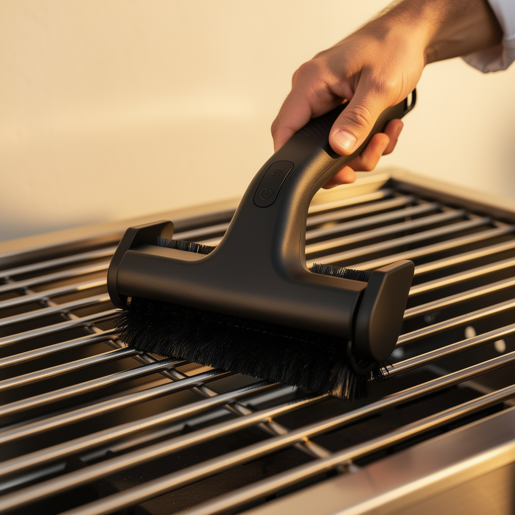 Ember Pro grill brush held in hand over a grill grate