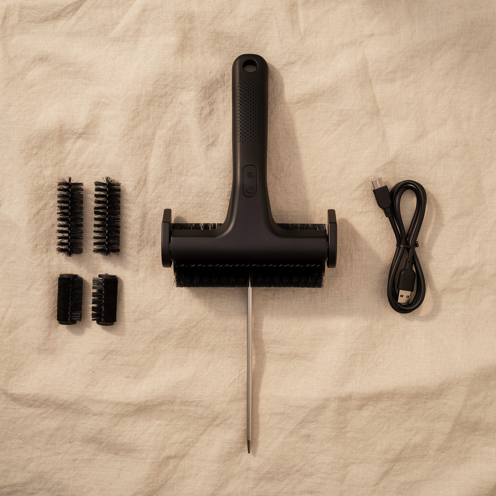 Ember Pro kit flat lay with spare roller heads and USB-C cable